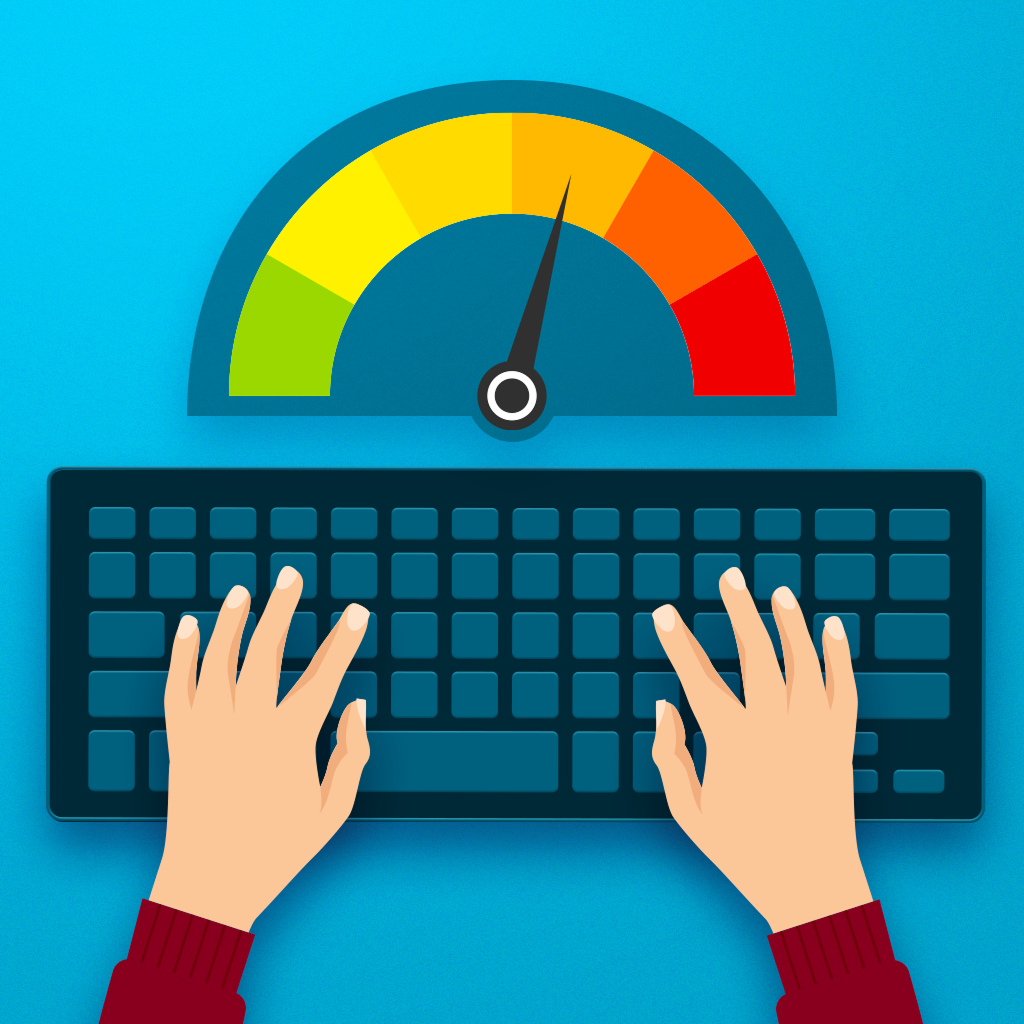 A person typing on a keyboard with a gauge above showing a needle in the yellow zone