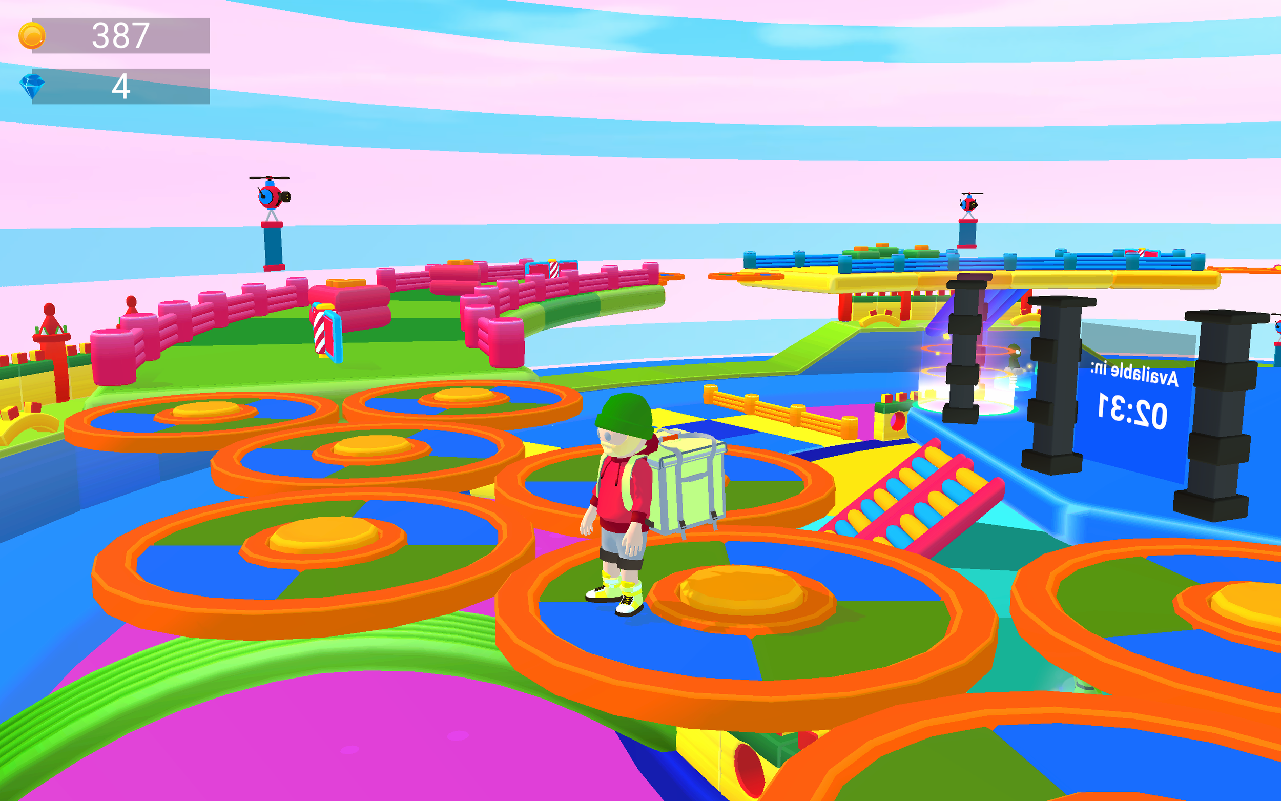 A colorful digital game environment with a cartoonish character carrying a backpack, standing on a circular platform, surrounded by multiple similar platforms, with a water body, ramps, and colorful structures in the background.