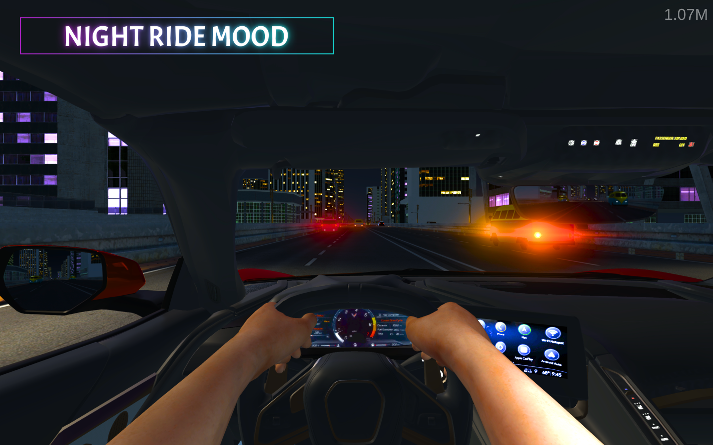 Nighttime cityscape viewed from inside a car, with a dashboard display, illuminated buildings, streetlights, and other vehicles on the road.