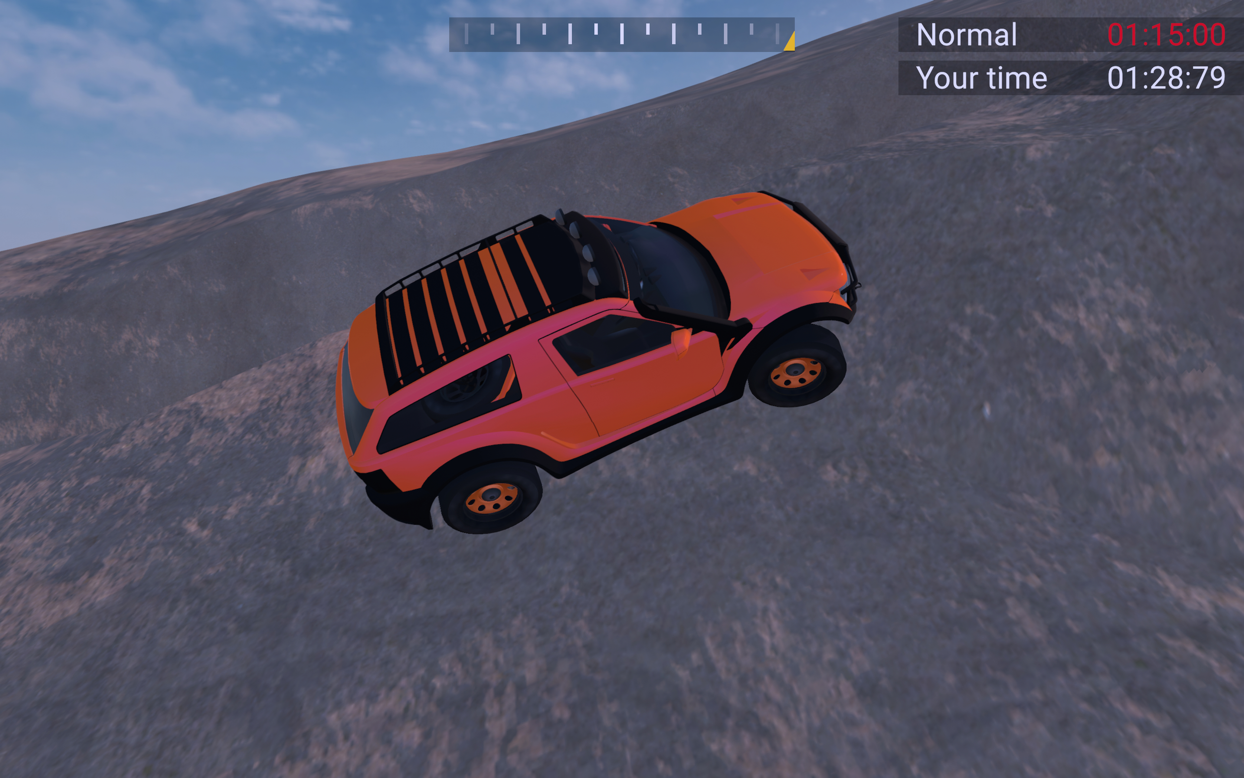 A pink and orange off-road vehicle driving up a steep dirt incline on a hillside with a slightly cloudy sky in the background.