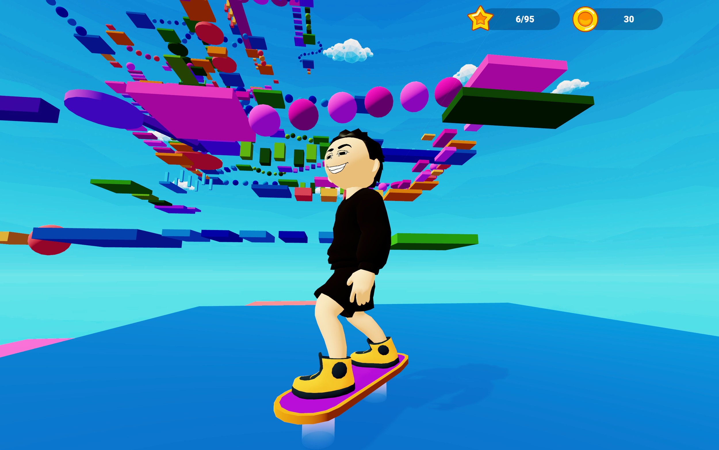Virtual skateboarder in a black outfit with yellow shoes on a pink skateboard, with colorful 3D geometric structures and a blue sky in the background.