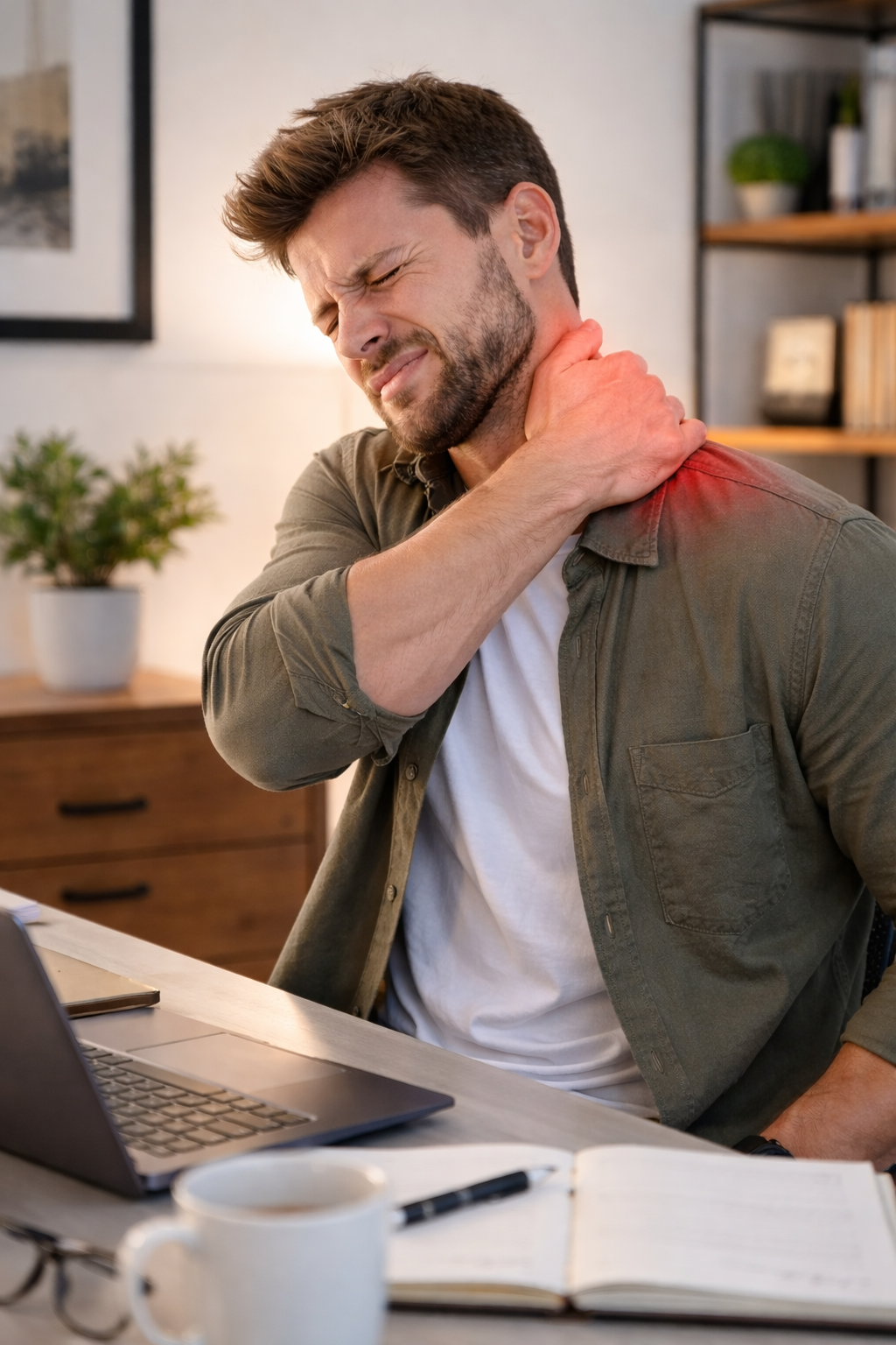 Junger Mann hält sich den Hals und zeigt Schmerzen, sitzt an einem Schreibtisch mit Laptop, Kaffeetasse, Stift und Notebook, im Hintergrund Bücherschrank und Zimmerpflanze.