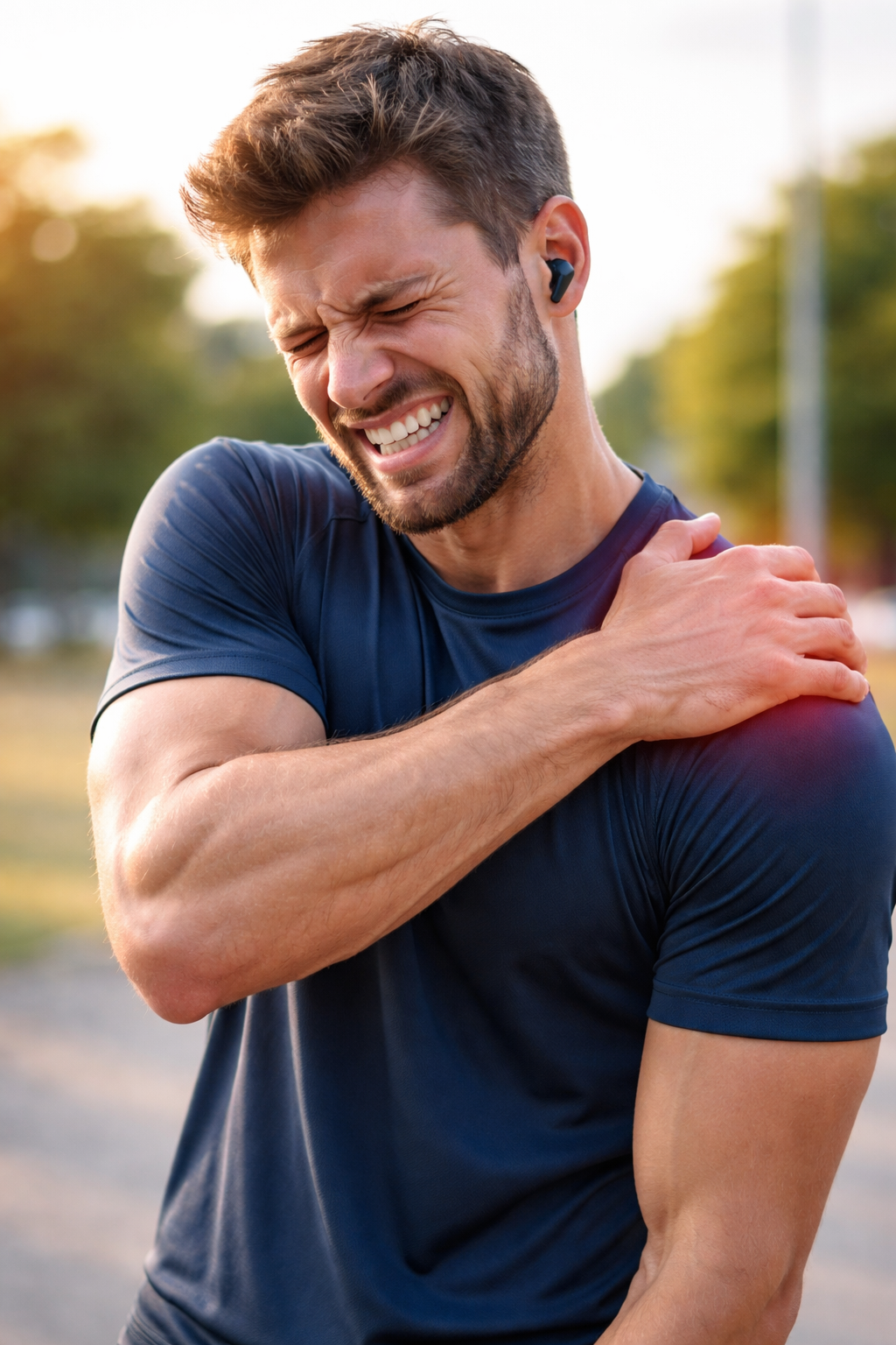 Junger Mann in blauer Sportbekleidung leidet an Schulterschmerzen während des Laufens im Freien.