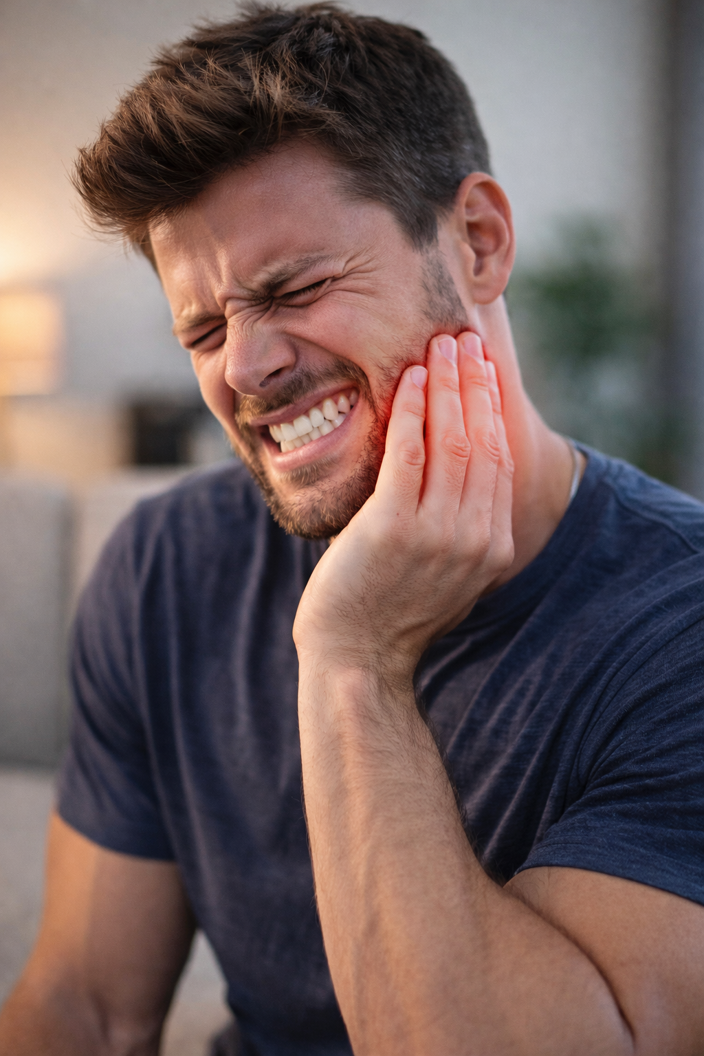 Junger Mann mit verwundetem Kiefer hält sich schmerzhaft an den Wangenknochen, zeigt Schmerzen im Gesicht, trägt blaue T-Shirt, im Hintergrund unscharf.