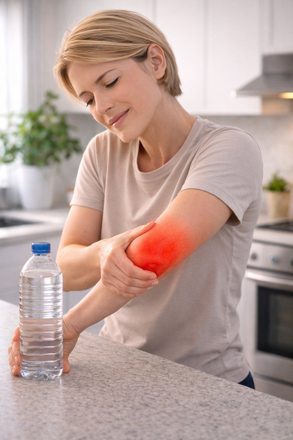 Frau leidet unter Schmerzen im linken Arm, der im Bereich des Ellenbogens rot markiert ist, in einer modernen Küche mit Wasserflasche auf der Theke.