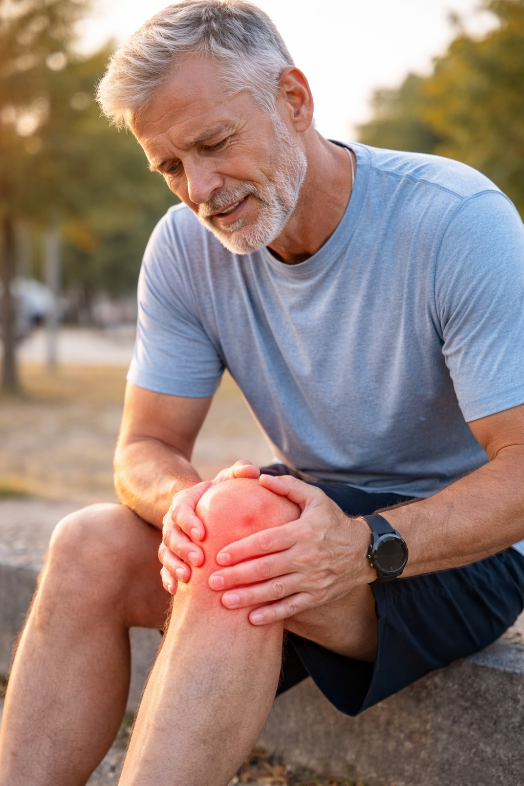 Ein älterer Mann hält sich schmerzverzerrt das Knie, das anscheinend verletzt oder schmerzhaft ist, im Freien bei Sonnenuntergang.