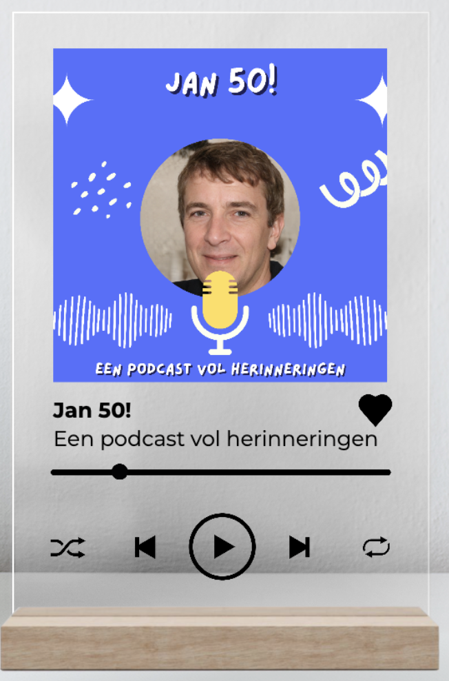 Illustratie van een podcast-affiche voor een podcast genaamd 'Jan 50!', met een foto van een man, een gele microfoon, en tekst die verwijst naar herinneringen; blauw achtergrond met witte decoraties.