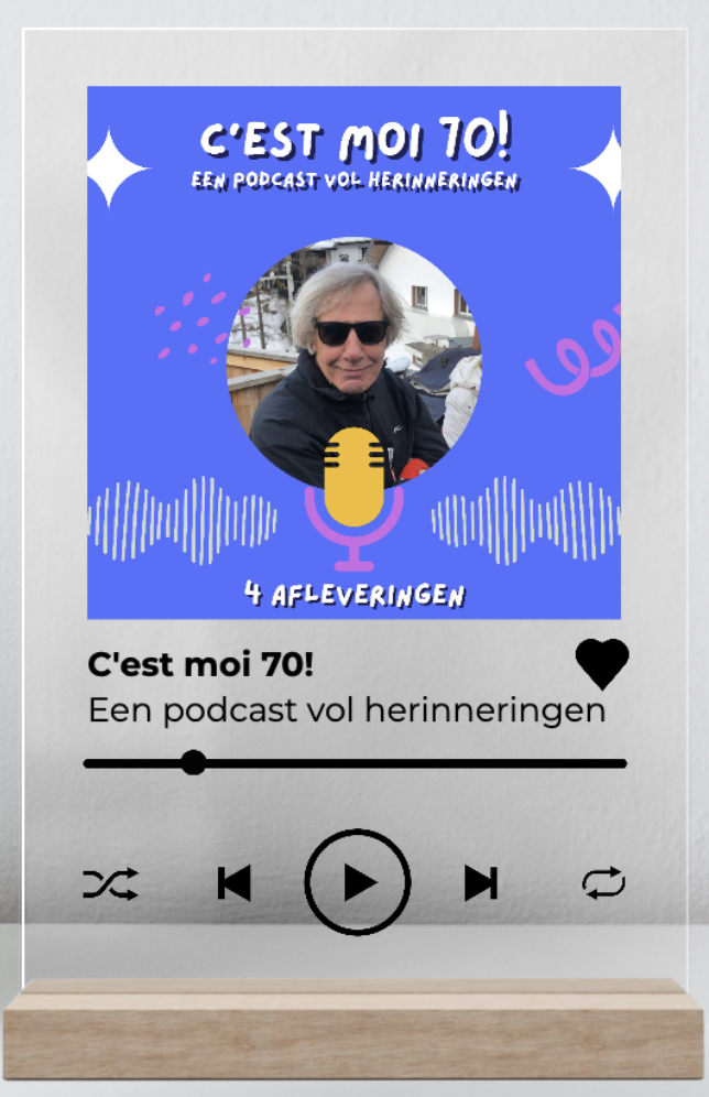 Afbeelding van een podcast-afspeelinterface met de titel "C'est moi 70!" en een foto van een man met blonde haar, sunglasses, en een zwarte jas. De achtergrond is blauw met grafische elementen zoals geluidsgolven en microfoonillustraties.