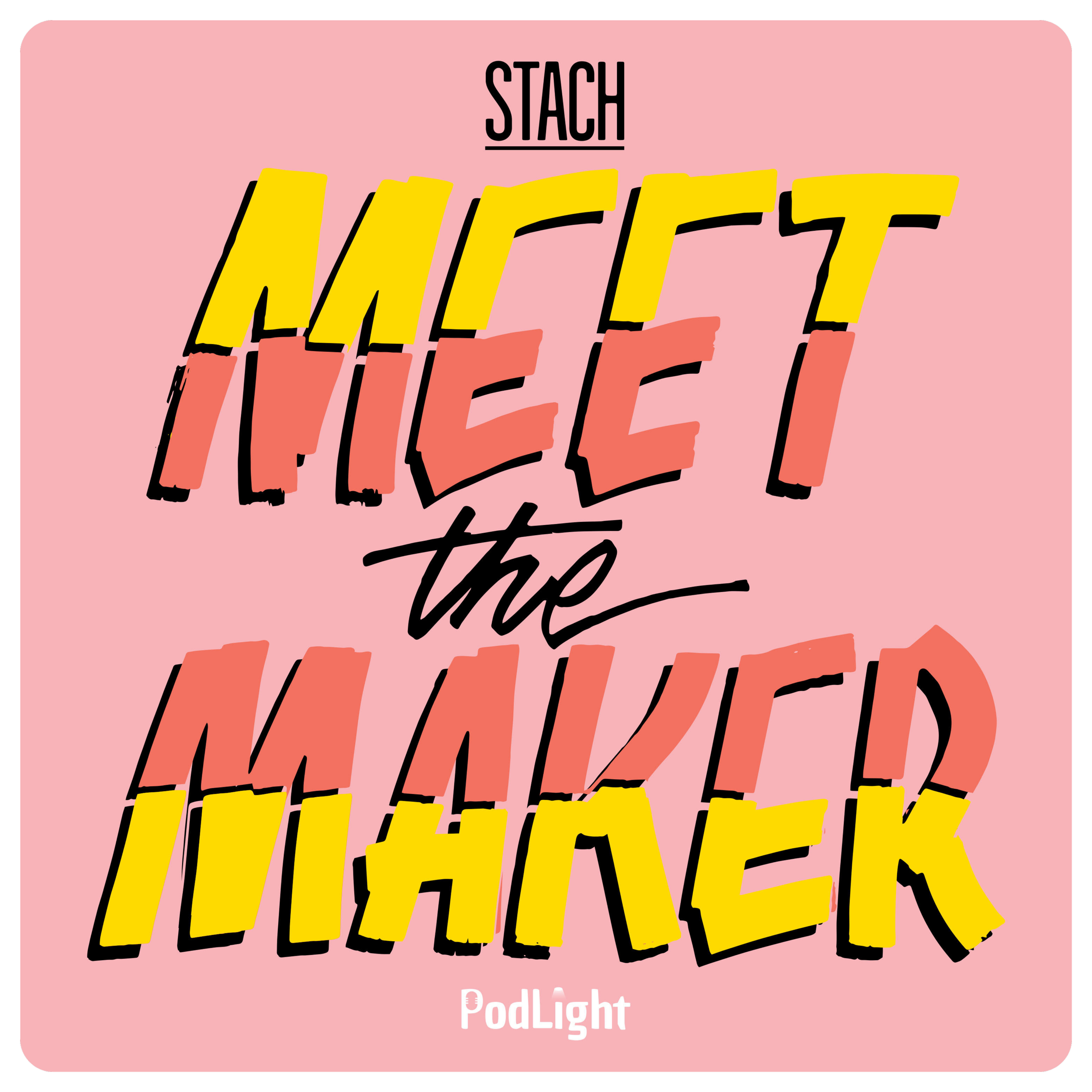 Podcasttegel roze stach meet the maker in speelse letters