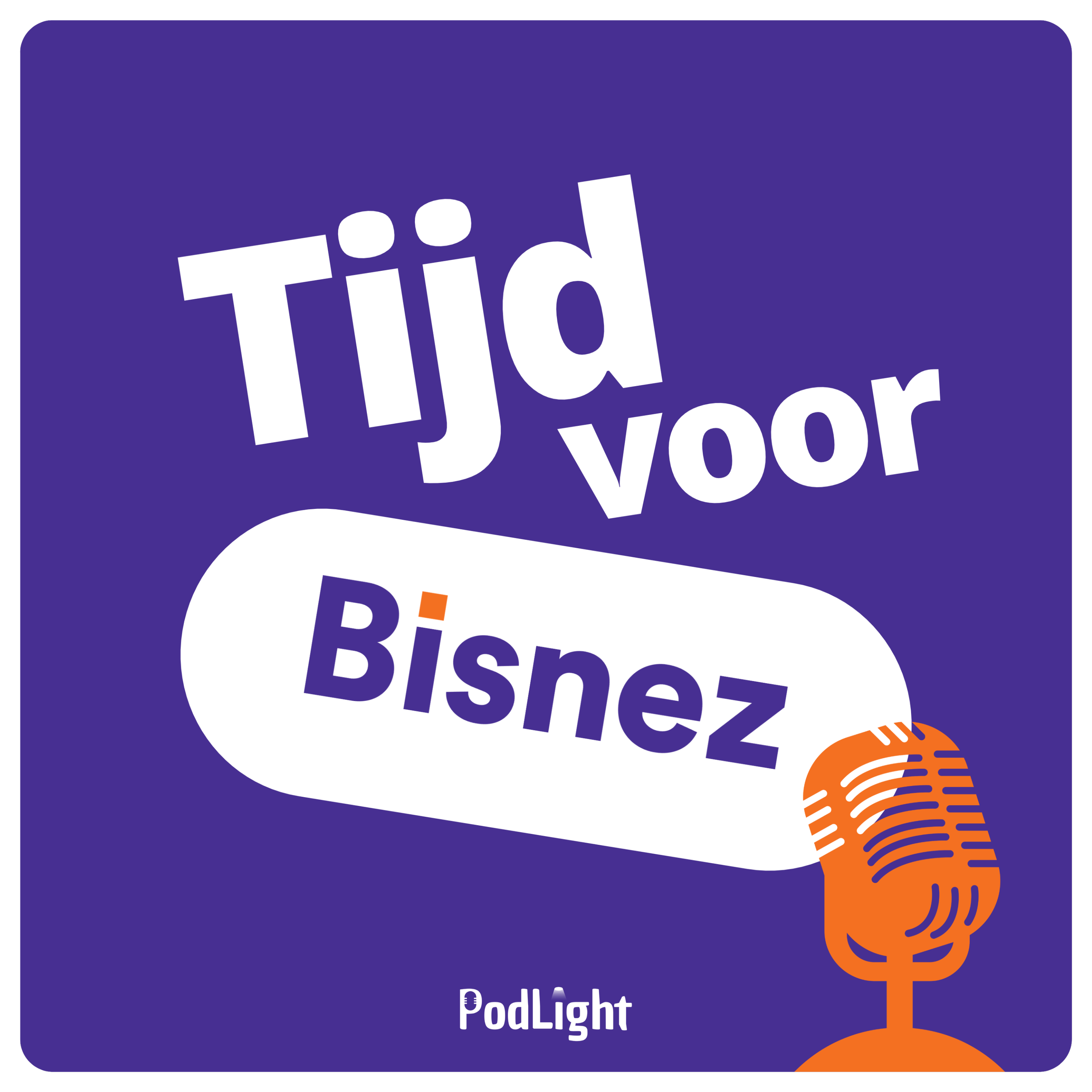 Podcasttegel paars en oranje tijd voor bisnez