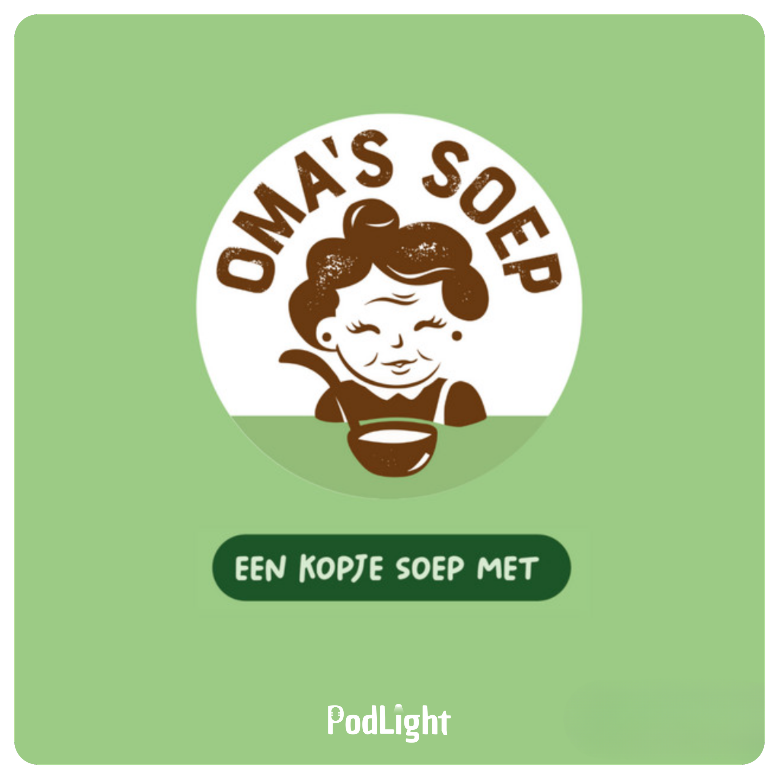 Podcasttegel groen met logo met oma een kopje soep met oma's soep