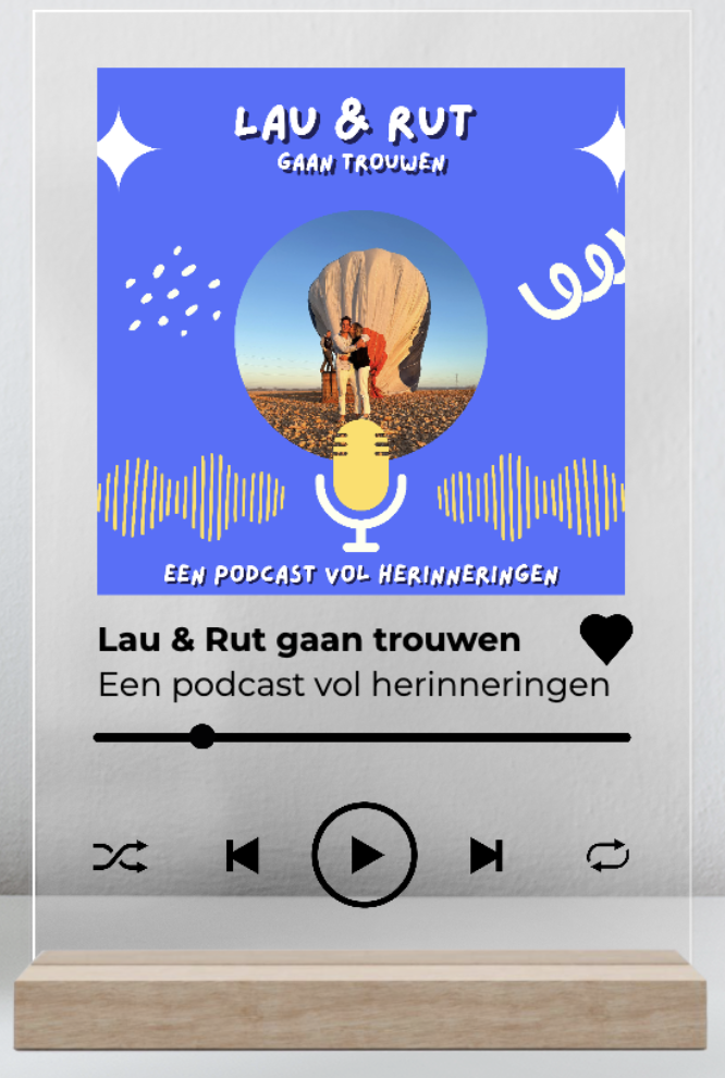 Podcastafbeelding met blauwe achtergrond, titel 'Lau & Rut gaan trouwen', een foto van een bruid en bruidegom voor een groot wit rotsvormig monument, en illustraties van een microfoon en geluidsgolven.