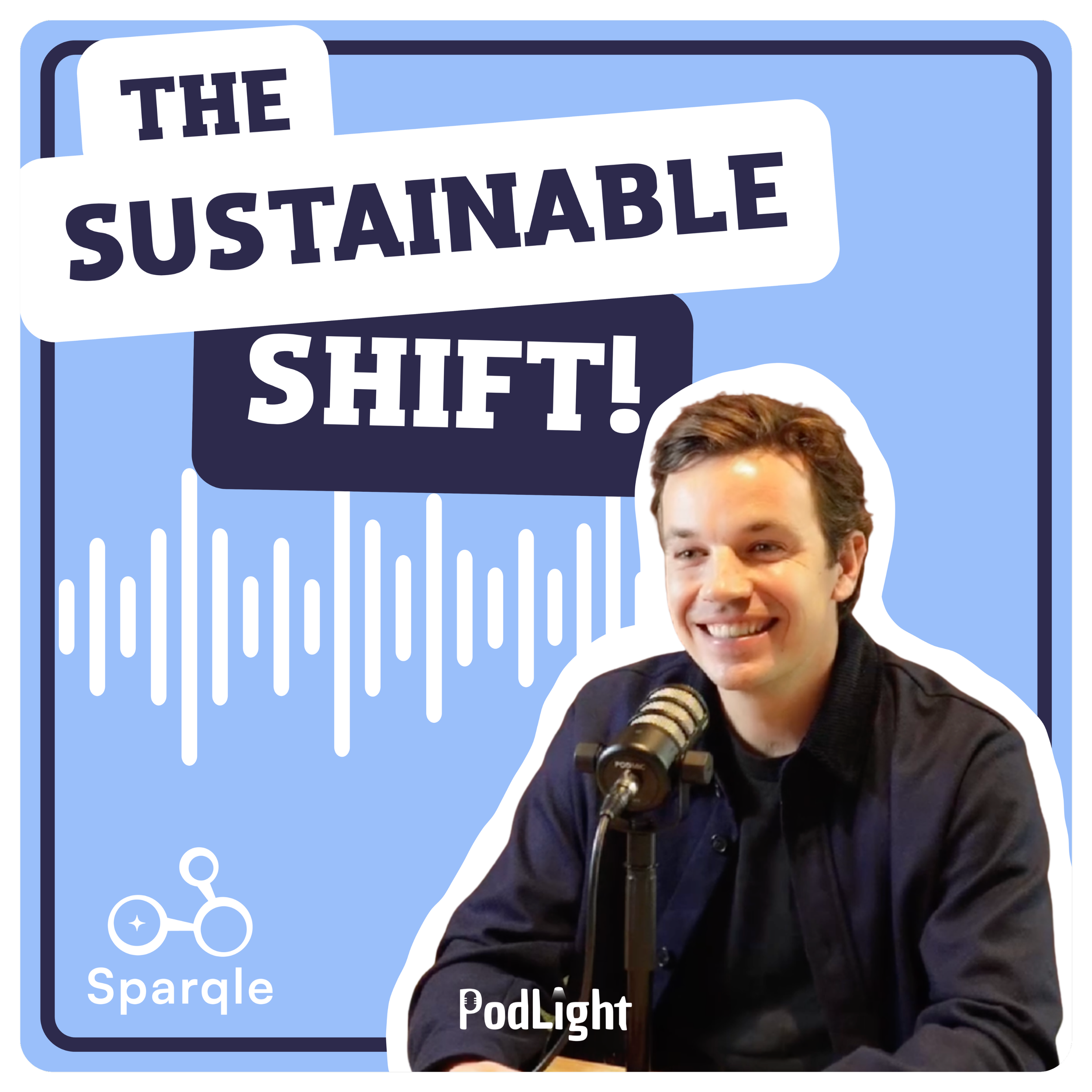 Podcasttegel blauw met man van sparqle the sustainable shift