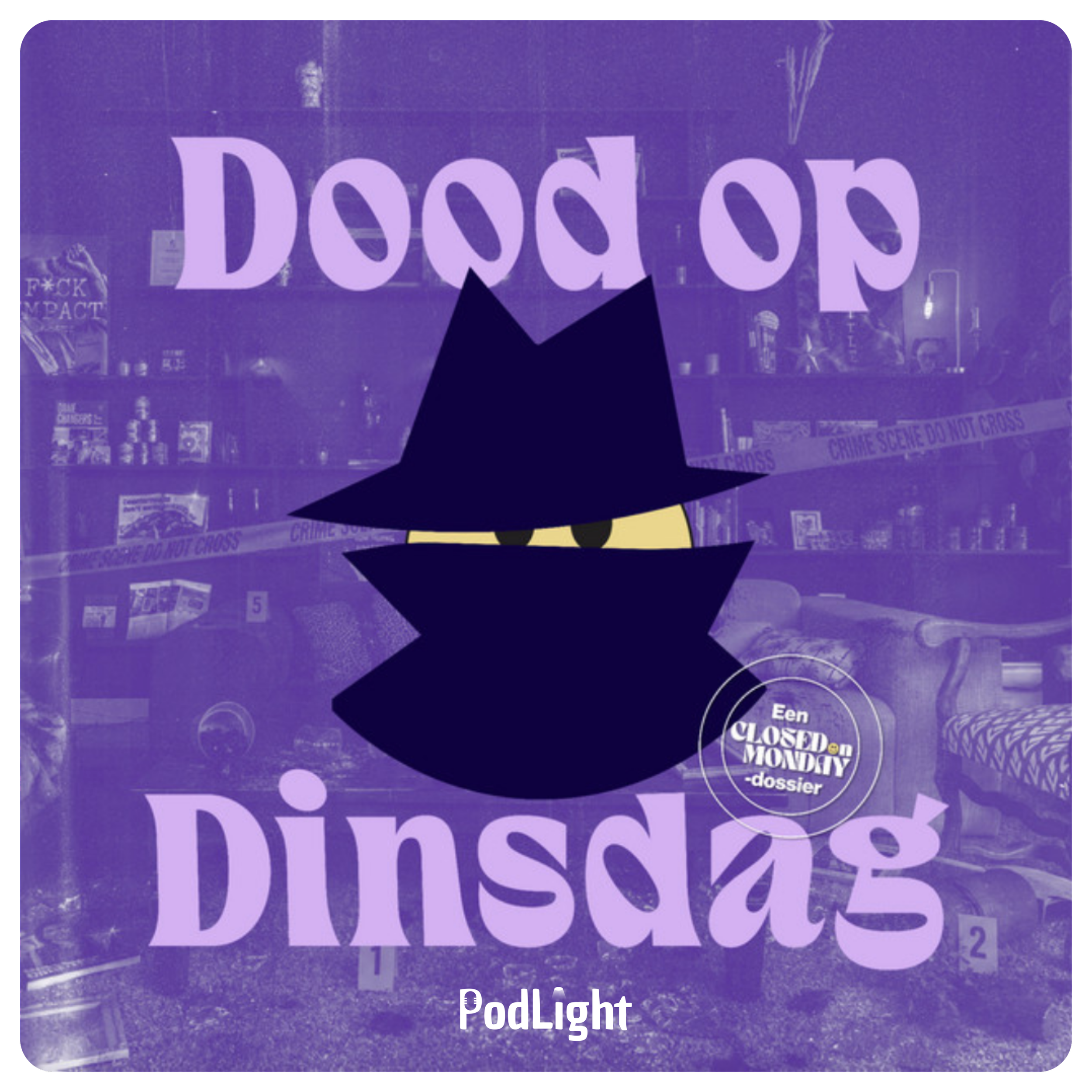 Podcasttegel Dood op Dinsdag door Closed on Monday geproduceerd door Podlight paarse achtergrond