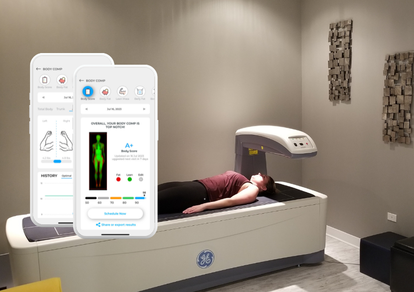 woman performing a DEXA scan at DexaFit Kansas City with DexaFit ai app showing results