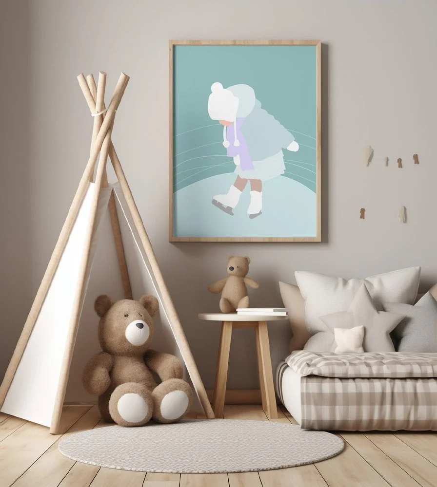 Kinderillustration von Liv, wie sie erste Schritte auf dem Eis macht. Pastell-Kunstdruck fürs Kinderzimmer.