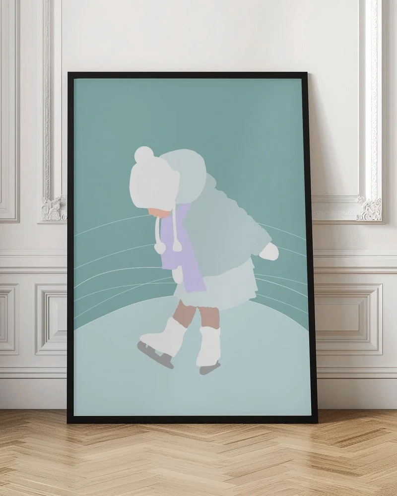 Kinderillustration von Liv, wie sie erste Schritte auf dem Eis macht. Pastell-Kunstdruck fürs Kinderzimmer.
