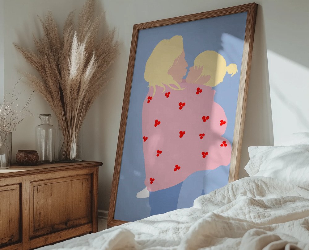 Minimalistische Mutterliebe Illustration in einem skandinavischen Schlafzimmer mit neutraler Farbpalette.