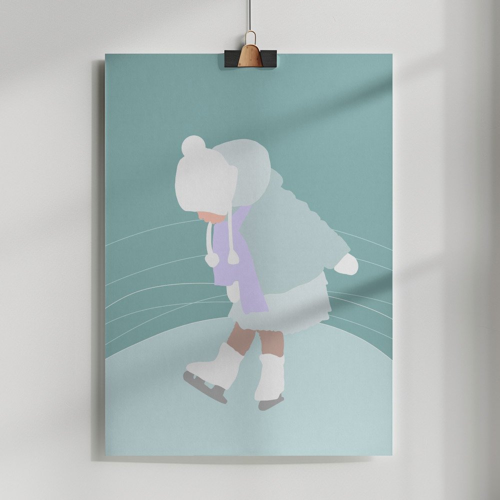 Kinderillustration von Liv, wie sie erste Schritte auf dem Eis macht. Pastell-Kunstdruck fürs Kinderzimmer.