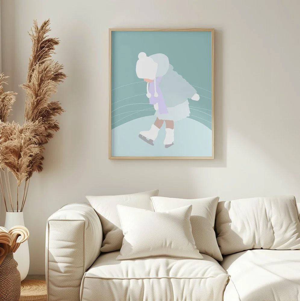 Kinderillustration von Liv, wie sie erste Schritte auf dem Eis macht. Pastell-Kunstdruck fürs Kinderzimmer.