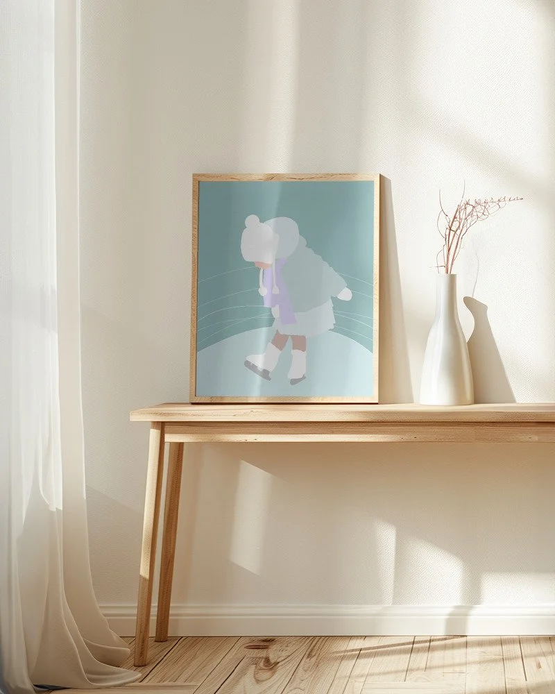 Kinderillustration von Liv, wie sie erste Schritte auf dem Eis macht. Pastell-Kunstdruck fürs Kinderzimmer.