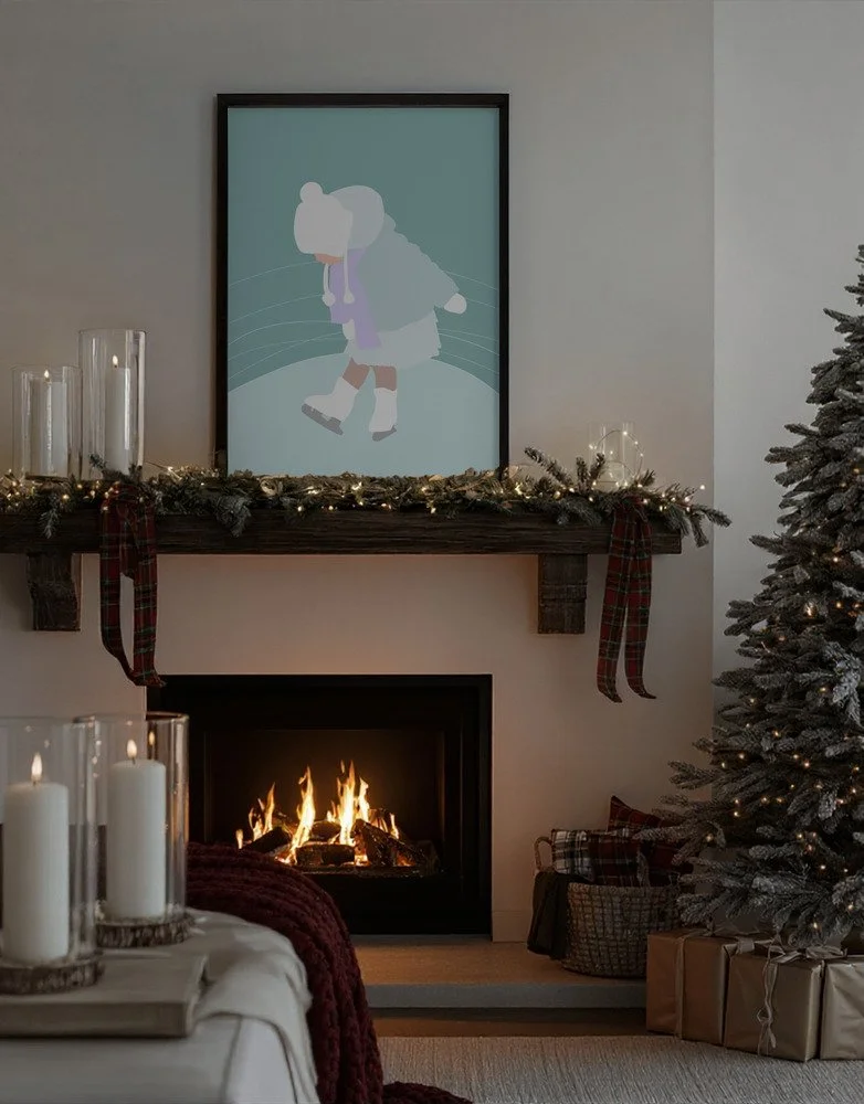 Kinderillustration von Liv, wie sie erste Schritte auf dem Eis macht. Pastell-Kunstdruck fürs Kinderzimmer.