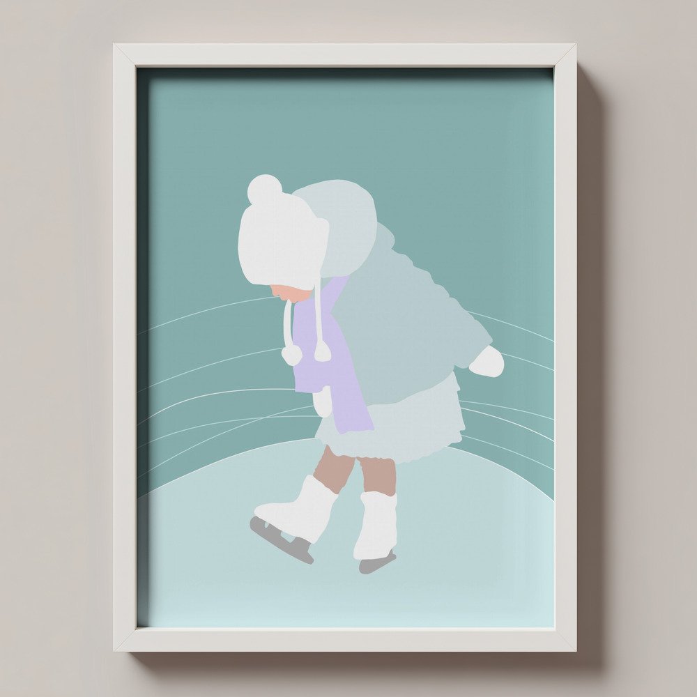 Kinderillustration von Liv, wie sie erste Schritte auf dem Eis macht. Pastell-Kunstdruck fürs Kinderzimmer.