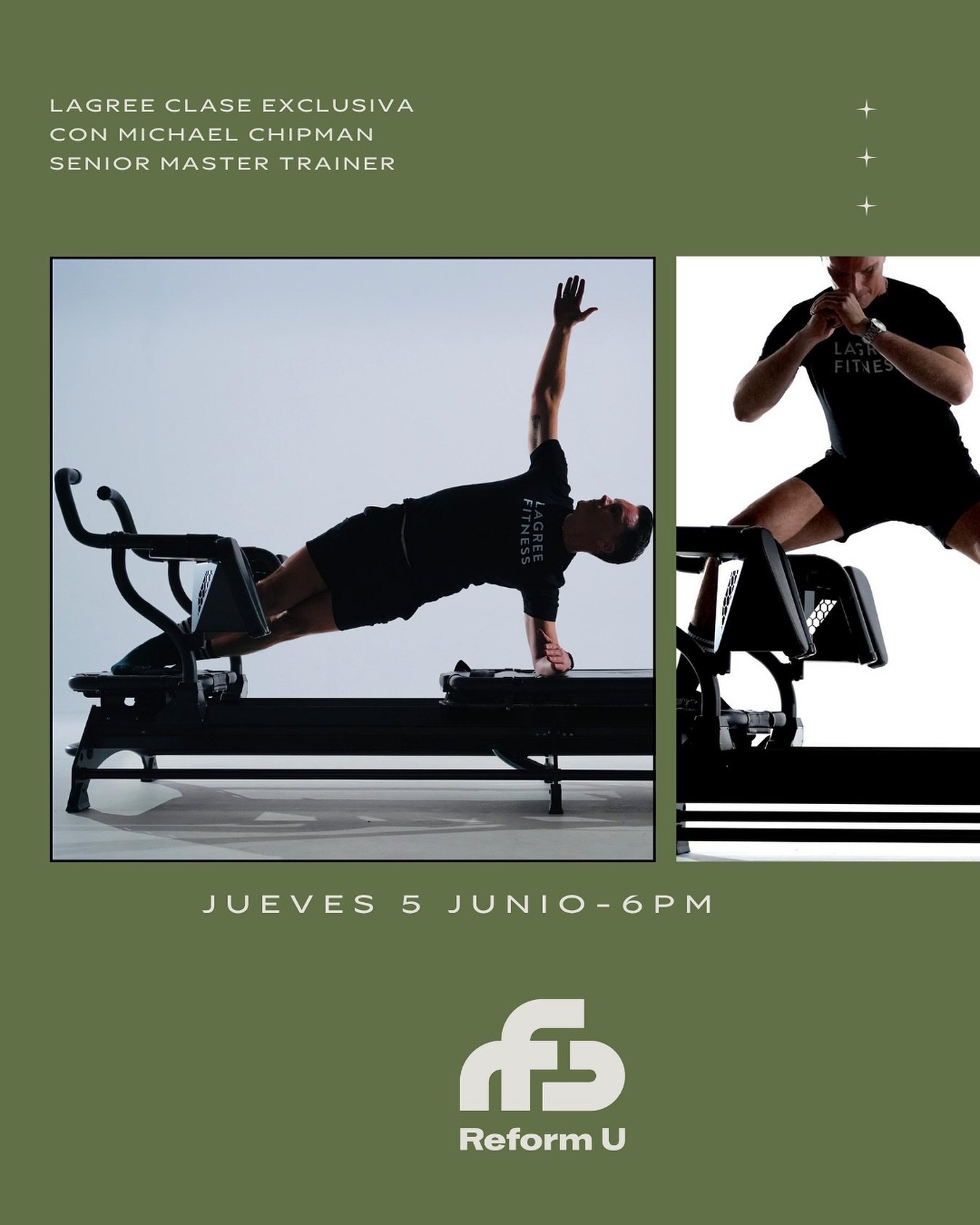Jueves 5 de junio a las 18h, tienes la oportunidad &uacute;nica de entrenar con Michael Chipman, Senior Master Trainer de Lagree, directamente desde USA y formado por S&eacute;bastien Lagree.
💥 Una clase de 45 minutos de alta intensidad y bajo impac