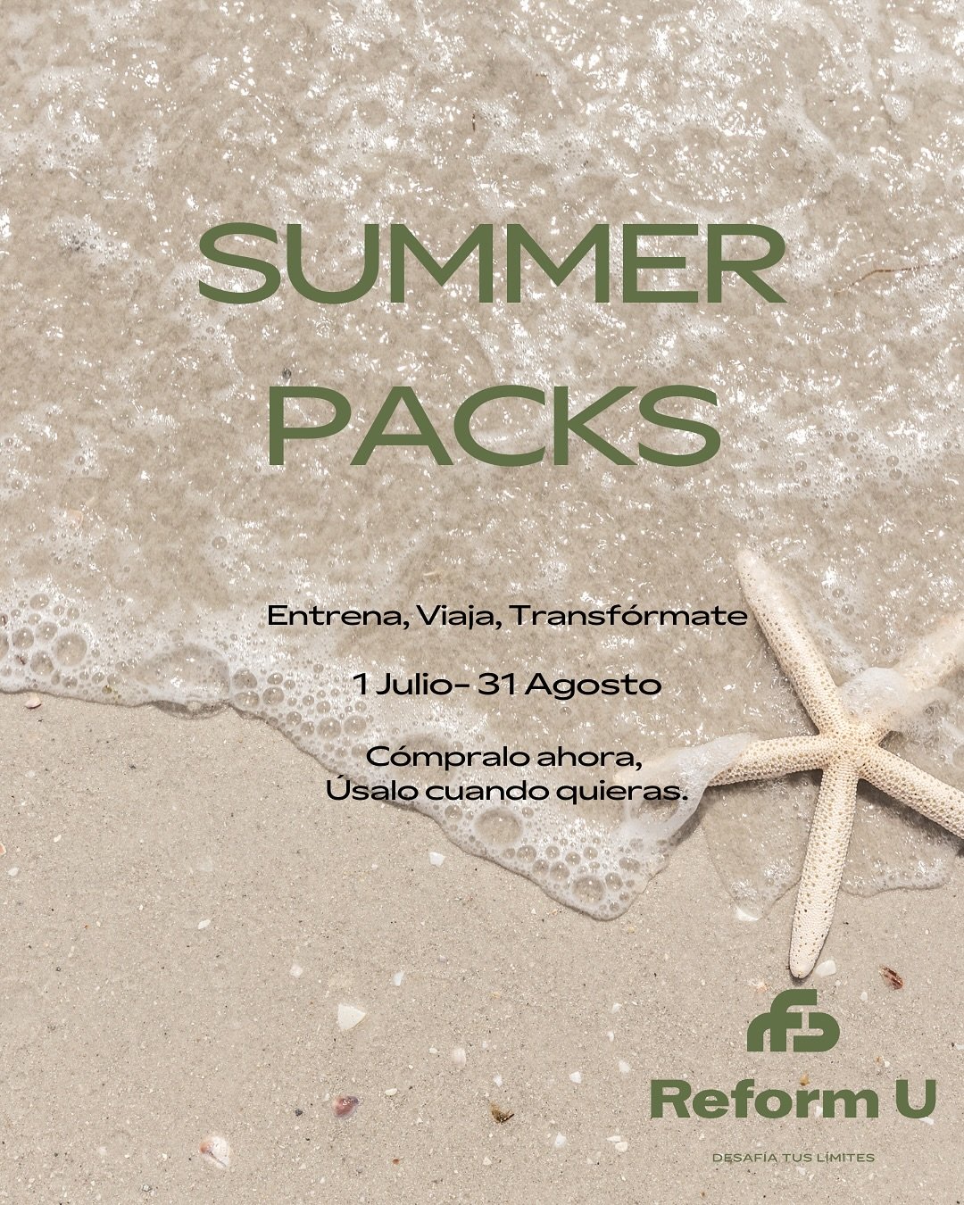 ☀️ &iexcl;LLEGAN LOS SUMMER PACKS DE REFORM U!
Este verano, entrena a tu ritmo, sin estr&eacute;s y con resultados reales.
V&aacute;lidos del 1 de julio al 31 de agosto . 

🔹 Summer Transform &ndash; 100&euro;
5 clases para mantener el ritmo o volve
