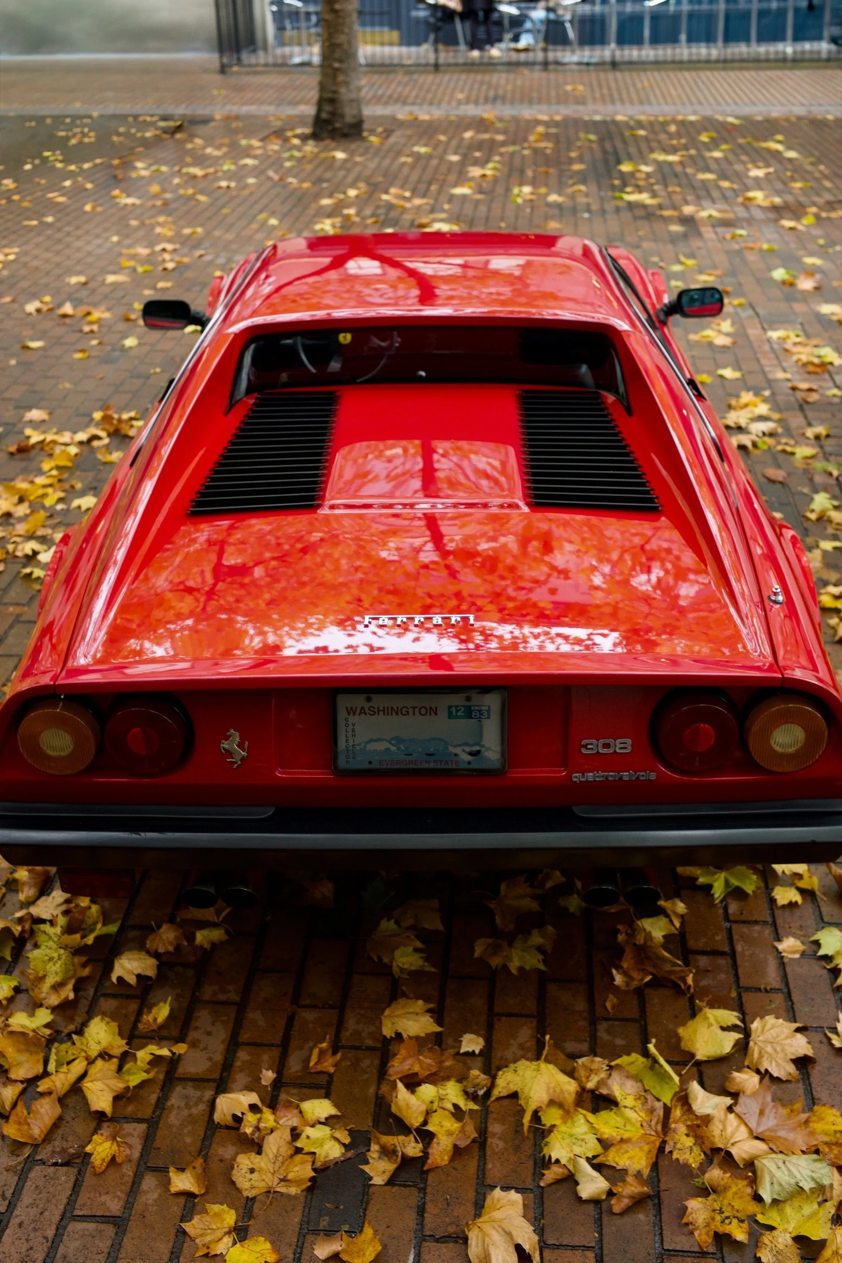 Classic red Ferrari 308 parked on a cobblestone street with yellow autumn leaves – Photography by Dario Caduff.