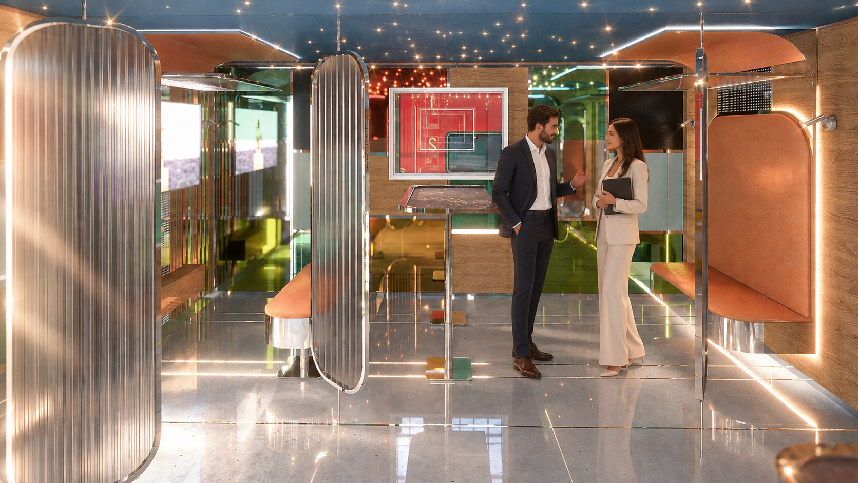 Deux personnes en costume conversent dans un espace moderne avec un intérieur design, utilisant des éléments en métal et en bois, avec un éclairage LED intégré.
