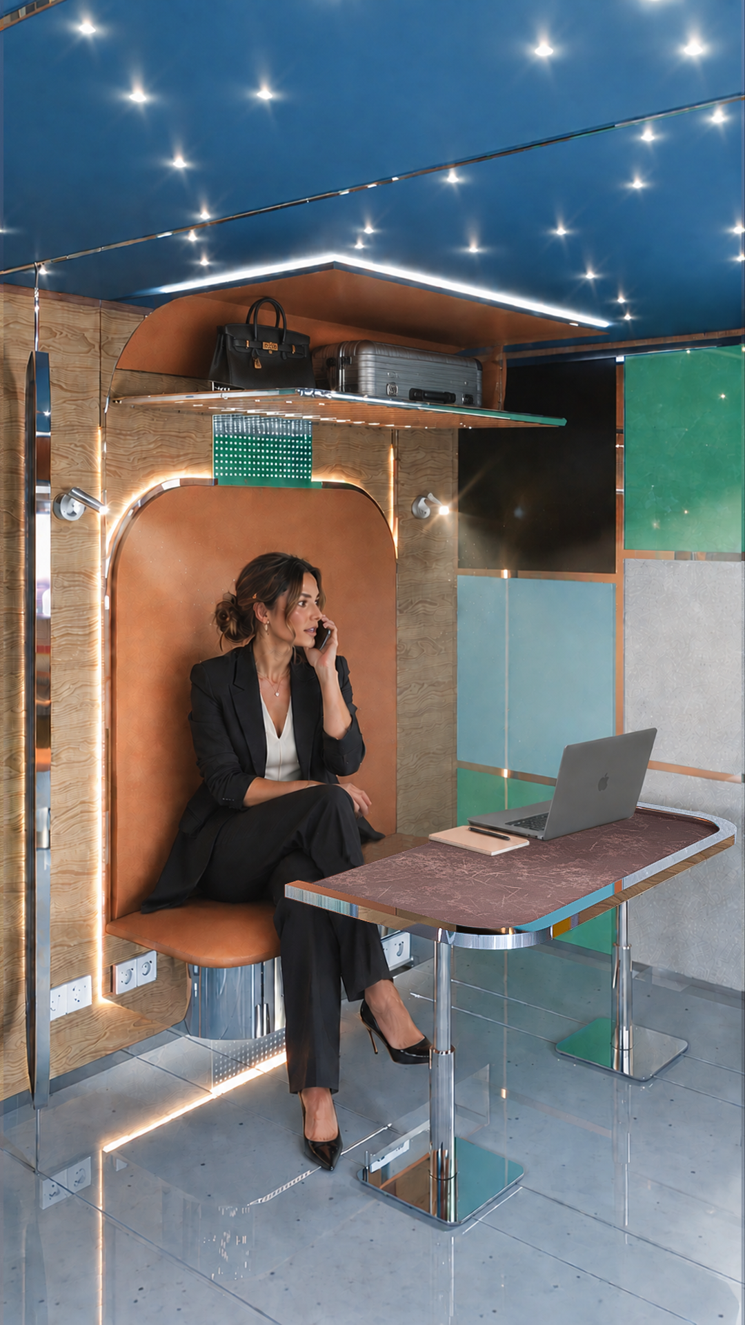 Une femme en vêtements professionnels assise dans un coin avec un ordinateur portable, parlant au téléphone dans un espace de bureau moderne et coloré.