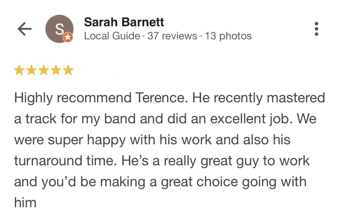 Review for Sarah Barnett praising Terence for great work on a track for her band. Deadfall Productions. berwick, melbourne. electric guitar and music production.