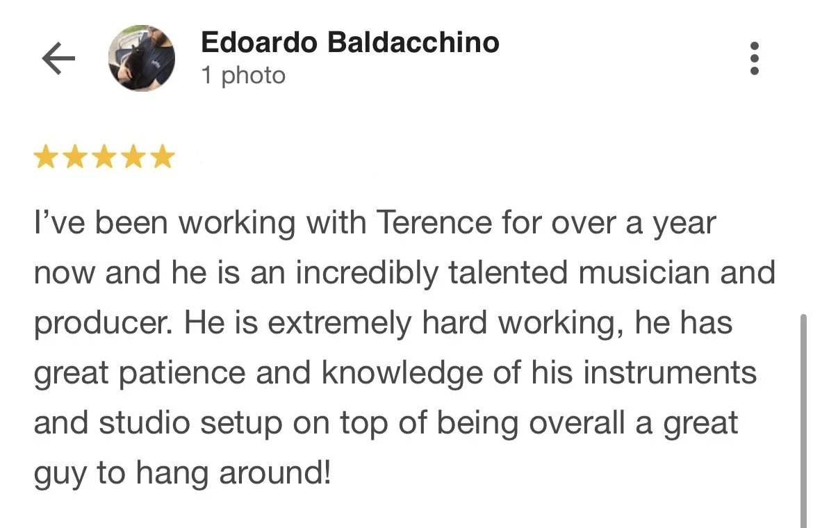 Screenshot of a Google review by Edoardo Baldacchino with five stars, praising Terence as a talented musician and producer, who is hardworking, patient, knowledgeable, and good to hang around. Deadfall Productions. berwick, melbourne. electric guitar