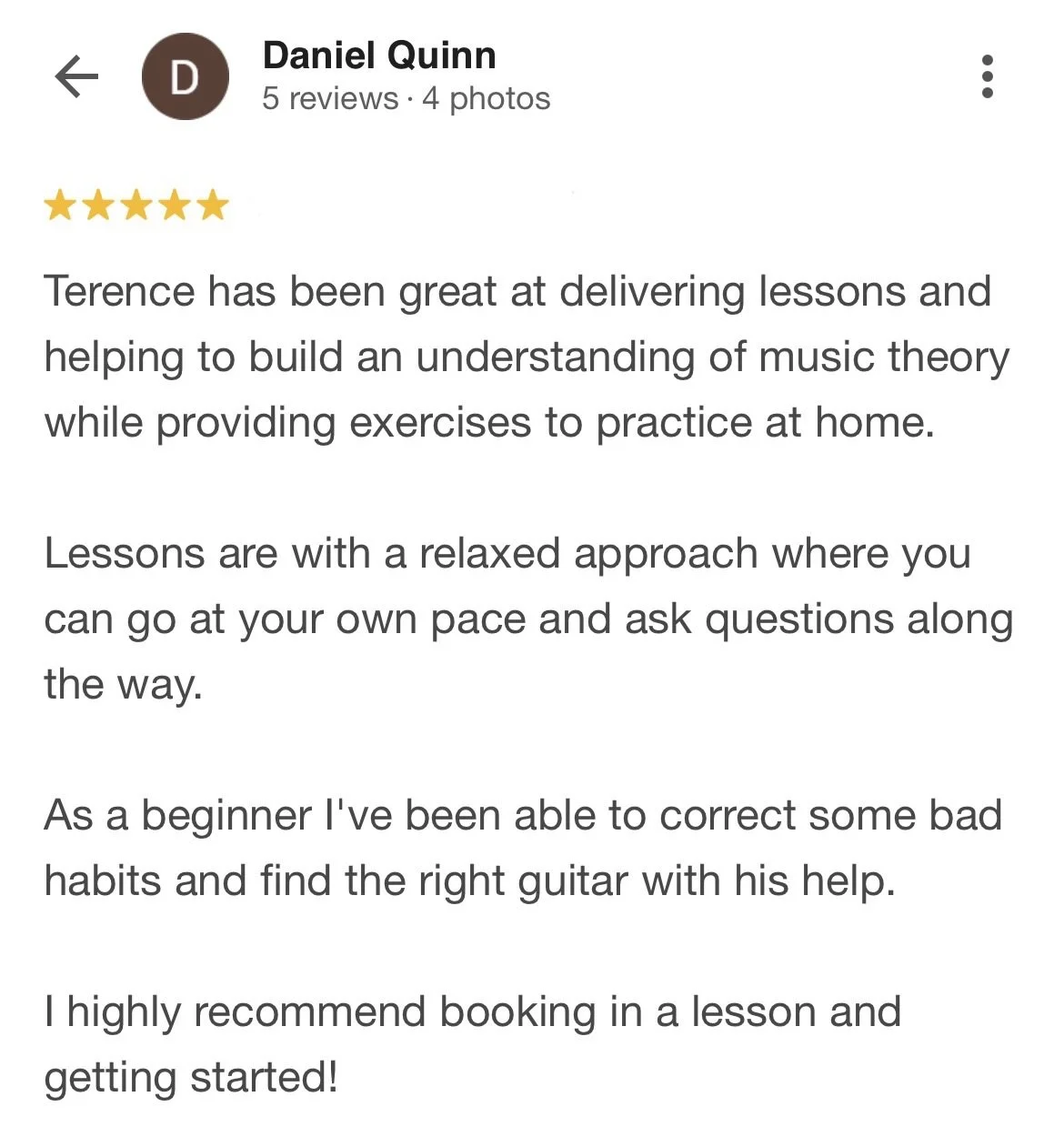 Screenshot of a Google review for a music instructor named Terence, praising his teaching skills, relaxed approach, and effectiveness for beginners .Deadfall Productions. berwick, melbourne. electric guitar lesssons