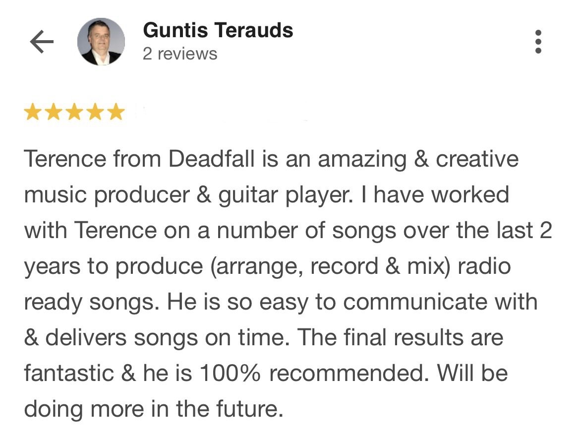 Screenshot of a Google review for Guntis Terauds praising musician Terence from Deadfall, star rating of five stars. Deadfall Productions. berwick, melbourne. electric guitar and music production