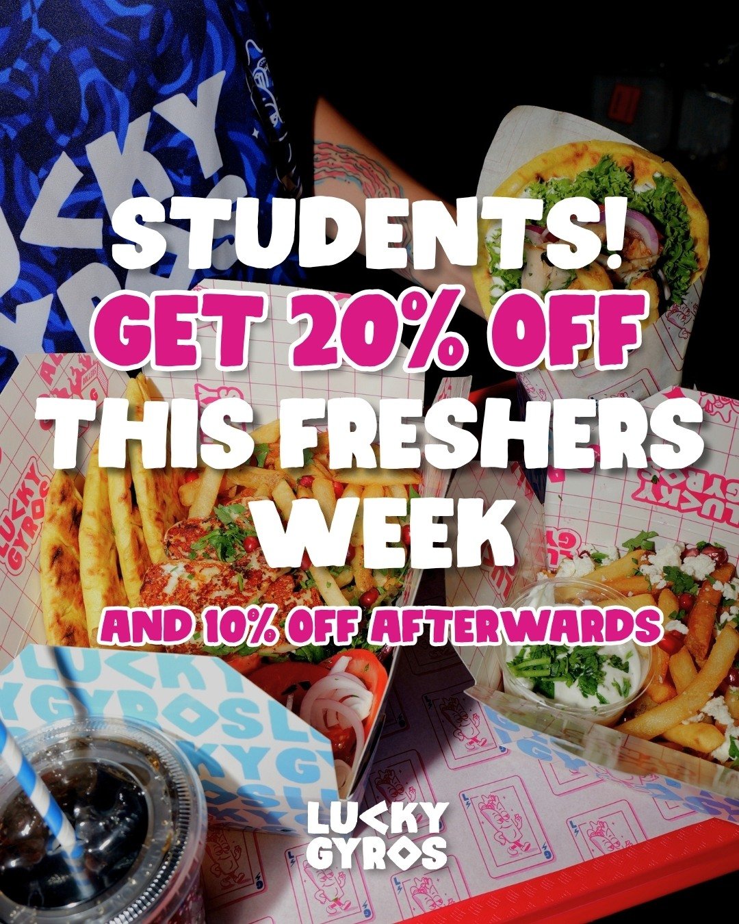 Freshers Week just got luckier 🎓🎲

Students get 20% off the entire Lucky Gyros menu next week, from 21st&ndash;27th September.

Sign up with your student email via the link in our bio to join the Student Club. Once you&rsquo;re verified, you&rsquo;