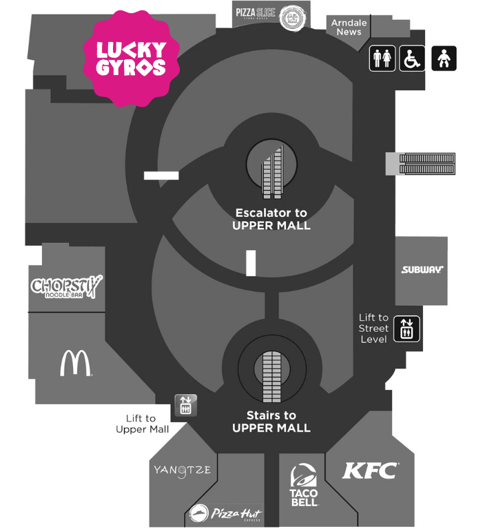 Floor plan of Manchester Arndale food court, showing locations of stores and amenities, including the new Lucky Gyros site, McDonald's, KFC, Taco Bell, Subway, Pizza Hut, and others, with escalators, stairs, and restrooms.