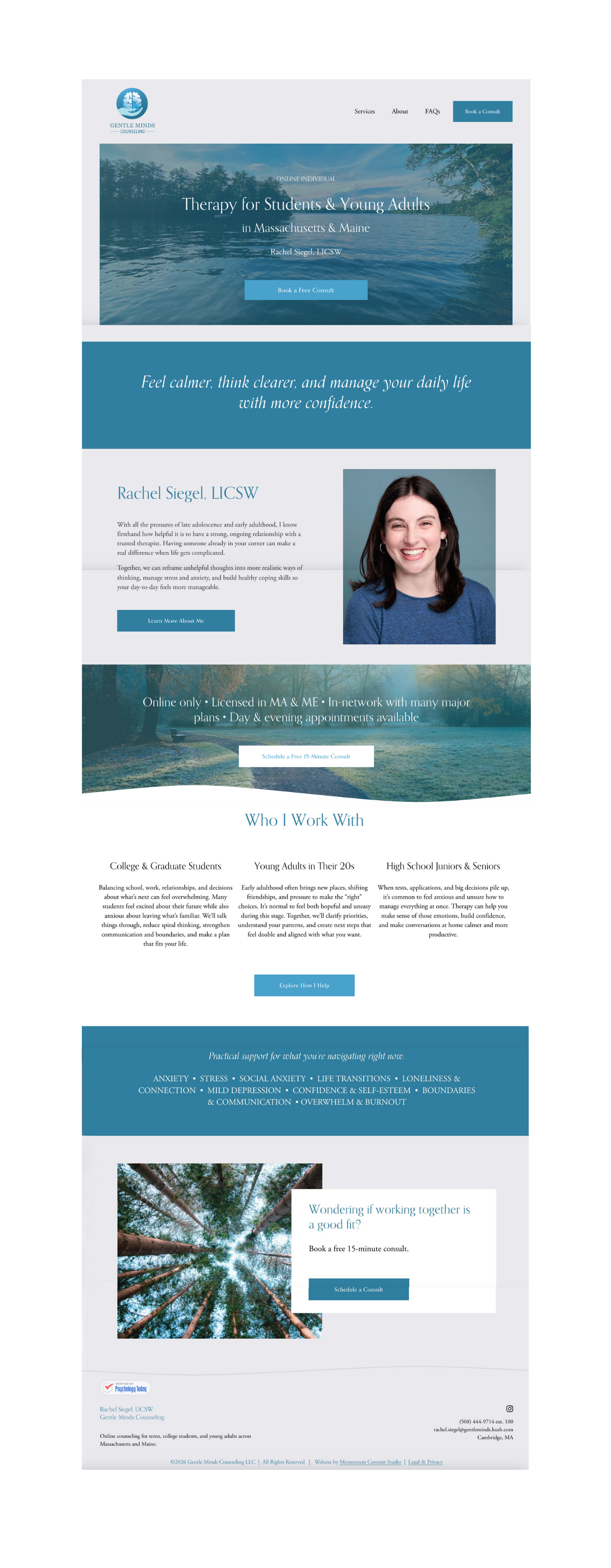 Gentle Minds Counseling homepage—therapy website copywriting and design by Momentum Content Studio