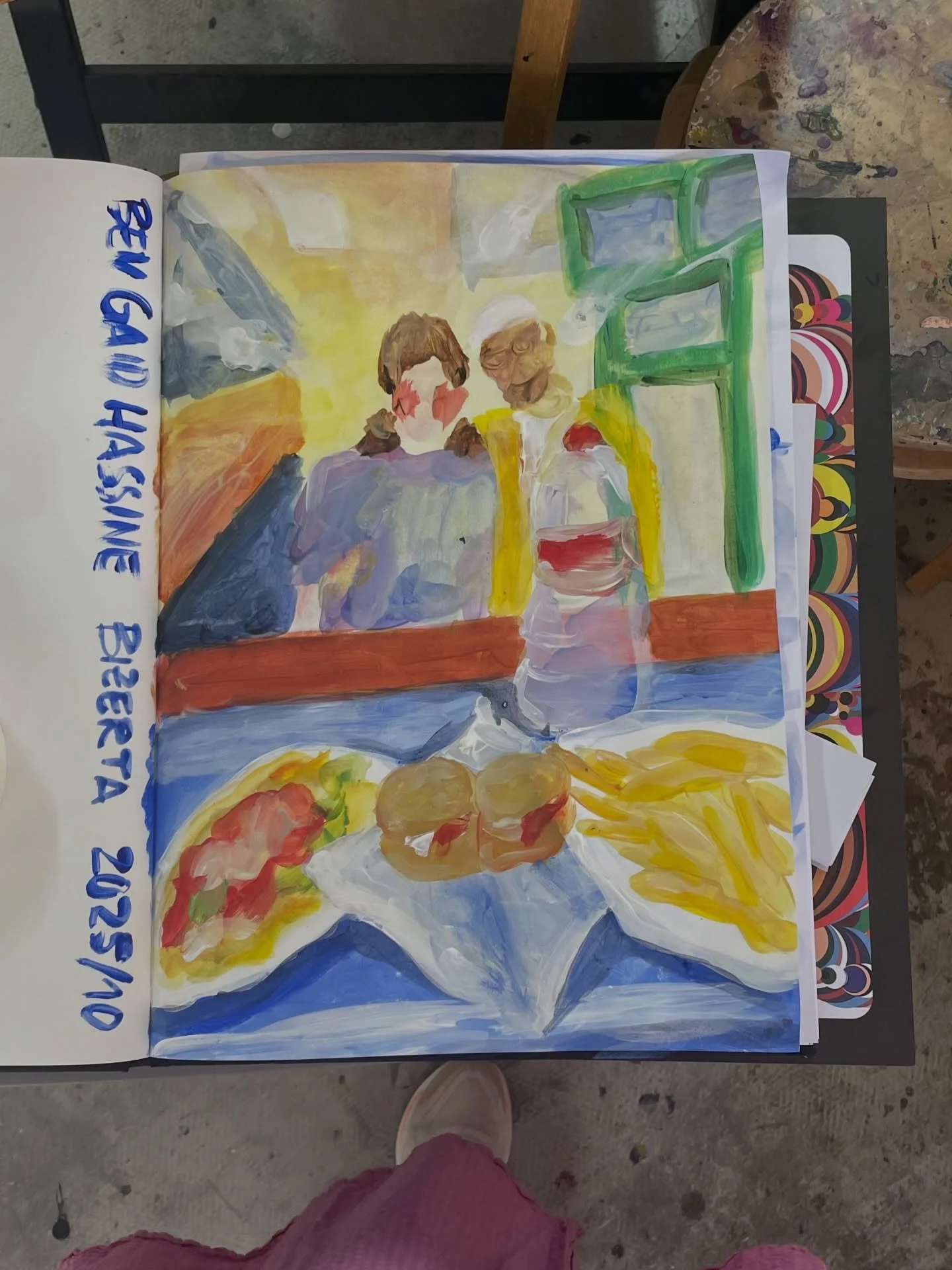 Quick sketch of lunch at Ben Gaid Hassine in Bizerta, with 2 Frikasse and Sahn Tounsi. Brik is only served after 15:00. Walls are covered with mirrors so you can watch the entire space while eating. I liked the green door frames.