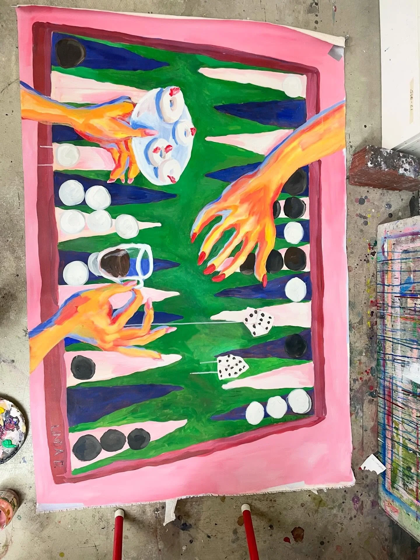 &bdquo;Hanging with the girls&ldquo;, 2025
Hey hey I just wanted to share this one. Its about girls in a coffee playing shishbish (backgammon) and drinking coffee and eating kaak warqa. A perfect day basically. Finished this one in october 25 and sin