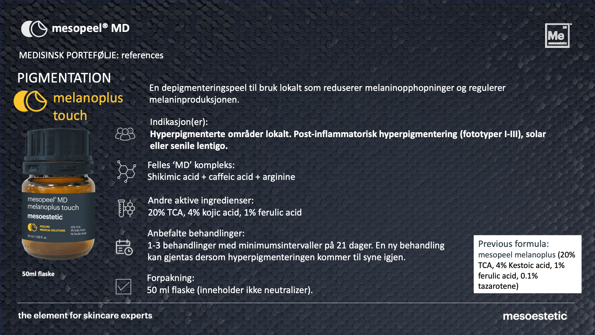 Offisielt mesopeel MD melanoplus touch-produkt og behandlingsinformasjon.