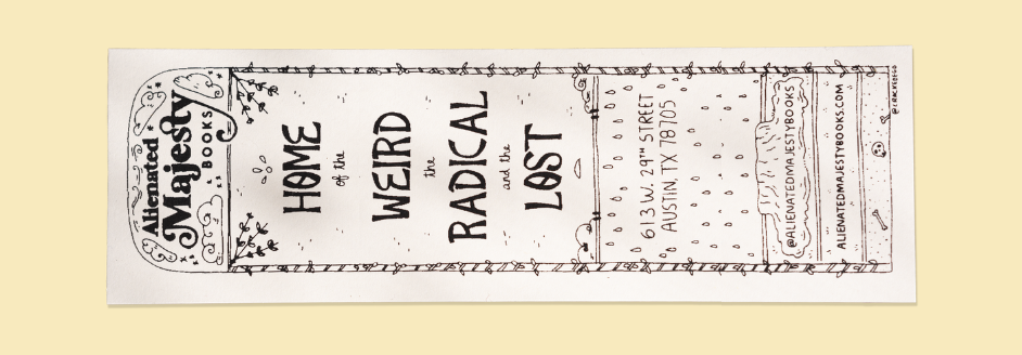 A linen book mark featuring a black illustration for Alienated Majesty Books.