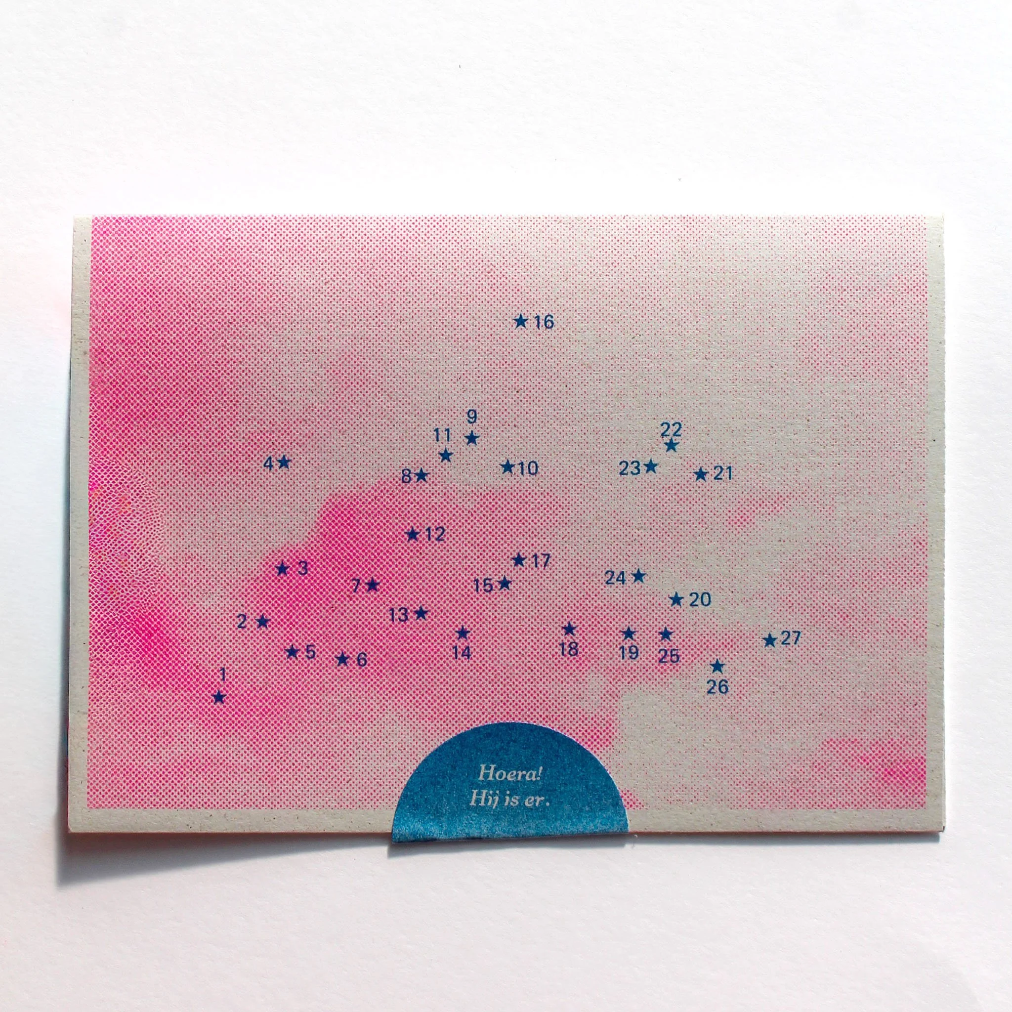 Aangepaste kleuren: fluo pink + blue. Papier: Crush Corn 250g.