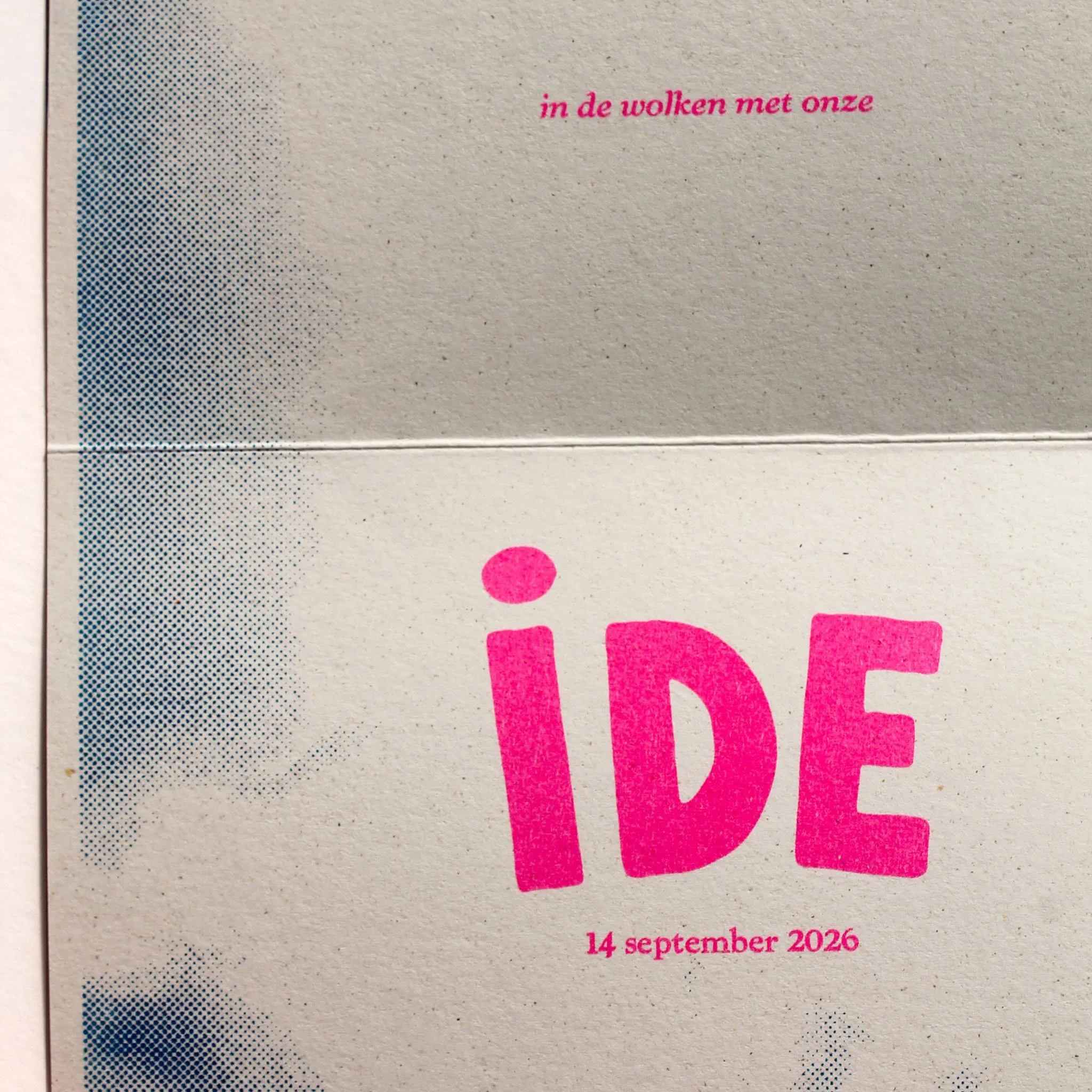 Aangepaste kleuren: fluo pink + blue. Papier: Crush Corn 250g.