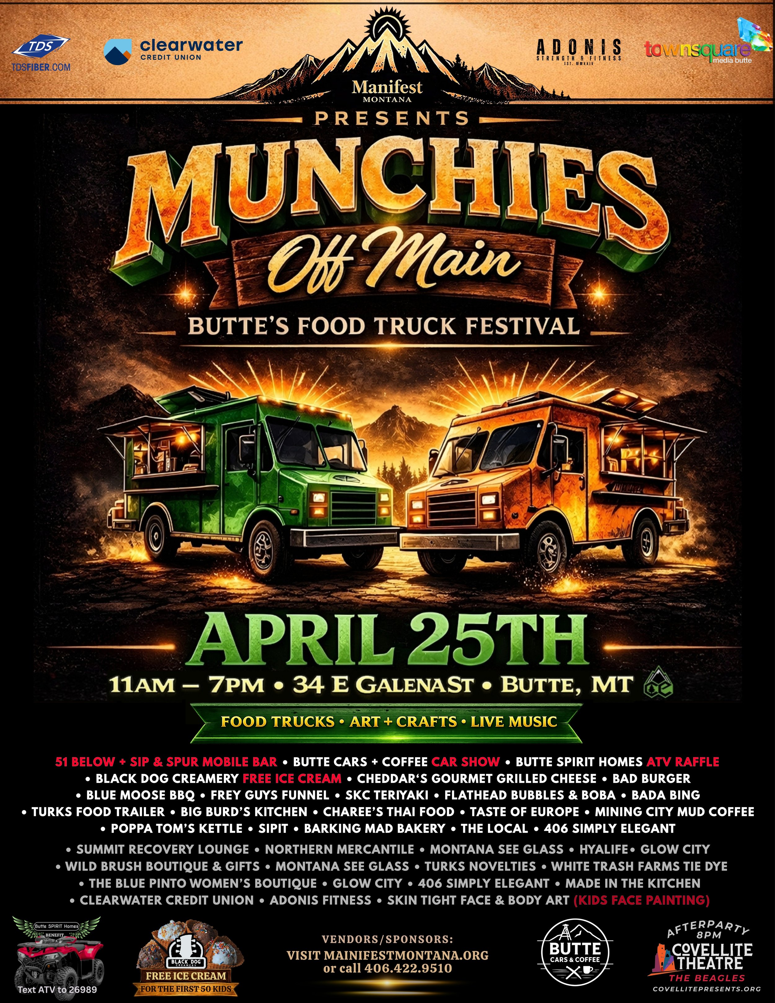 Join us Saturday, April 25th, 11am-7pm, for Butte’s Biannual Food Truck Festival! Featuring food trucks, artisans, boutiques, a full bar, free ice cream, ATV raffle, AND a Car Show hosted by Butte Cars & Coffee 