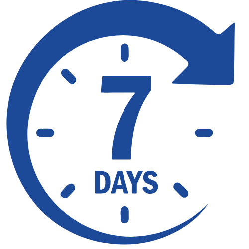 Clock icon with arrow around it, displaying "7 days" in the center.