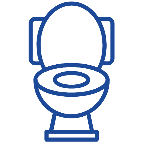 Blue outline icon of a toilet representing overflows and backups.