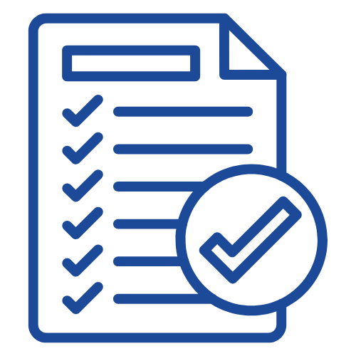 Outline of a checklist or report with checkmarks and a large checkmark in a circle