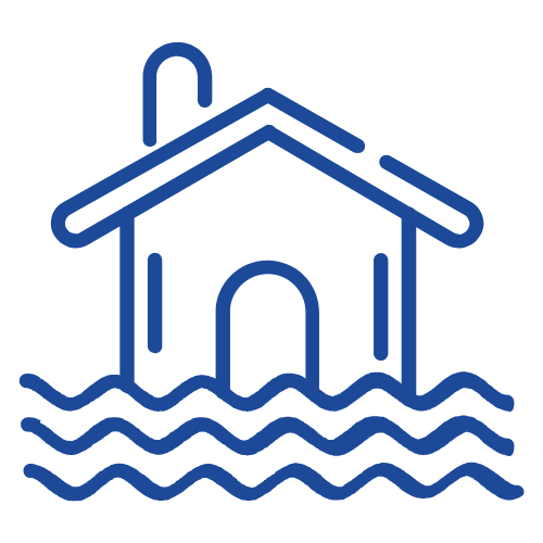 Icon of a house with water rising around it, indicating flooding.